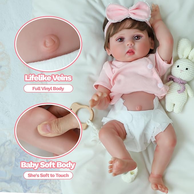 SCOM Reborn Baby Doll Girl - 18 Inch Realistic Real Life Doll, Anatomically Correct Baby with Cloth Body & Vinyl, Newborn Lifelike Weighted Toddler with Hair for Ages 3 4 5 6 + Year Old Gift