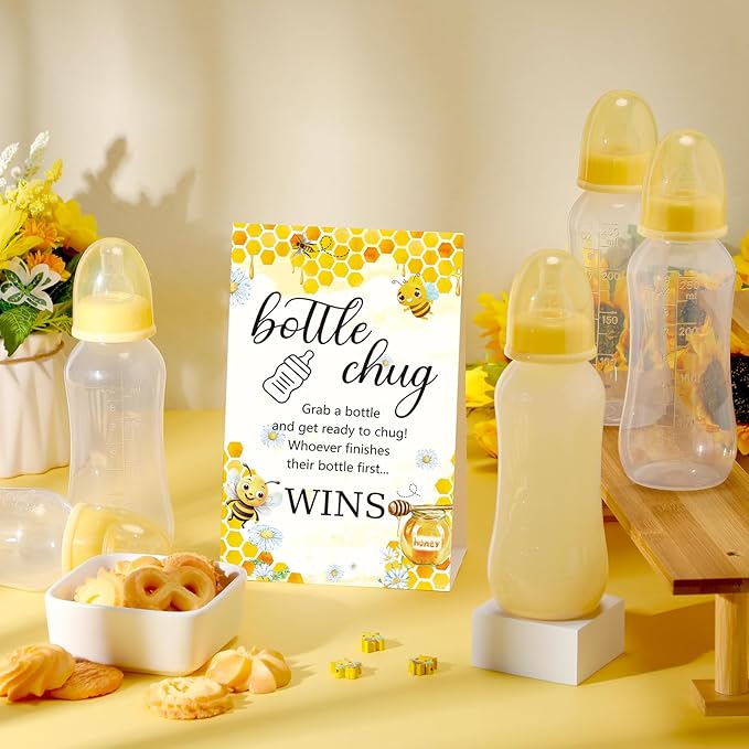 TrelaCo Cool Baby Shower Games Sets 12 Pcs Feeding Bottles with 1 Bottle Chug Sign for Gender Reveal Baby Shower Party Favors Decoration Games(Bee,Yellow)