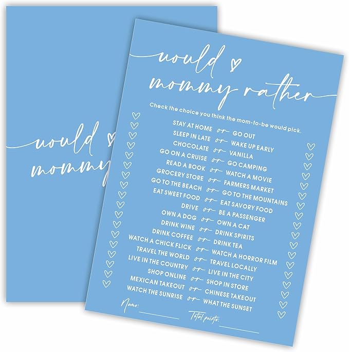 Would Mommy Rather Baby Shower Game Cards - Minimalism Blue - 30 Double-Sided Fill In Style Game Cards For Gender Reveal, Baby Announcement, Party Games & Activity - C06