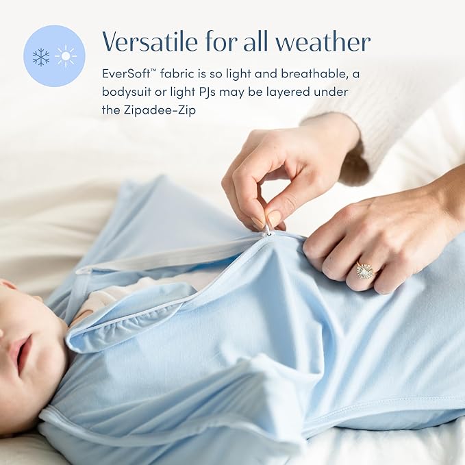 SleepingBaby EverSoft Zipadee-Zip Transition Swaddle - Roomy Wearable Blanket with Two Way Zipper - Viscose from Bamboo - Sky Blue, X-Small (3-6 Month)