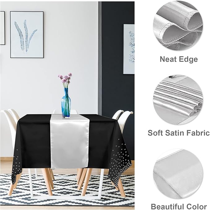 8Pack Disposable Plastic Tablecloths and Satin Table Runner Set Black and Silver Dot Tablecloth Silver Satin Table Runner for Wedding Birthday Baby Shower Anniversary Christmas New Year Party Supply