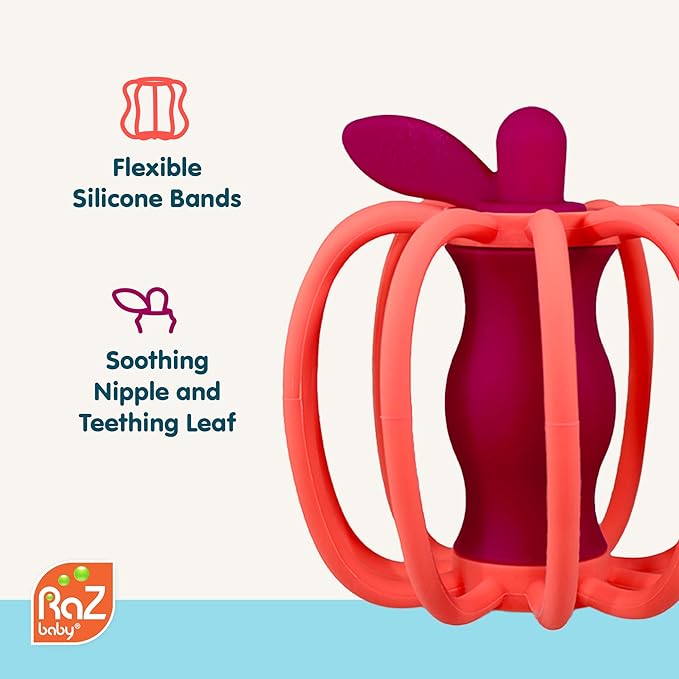 RaZbaby RaZ-Apple Silicone Teether & Rattle Toy – Soft, Flexible & Easy to Hold, Soothing Sounds for Entertainment, Textured for Teething Relief, Nipple-Shaped Stem for Comfort – BPA-Free, 3M+
