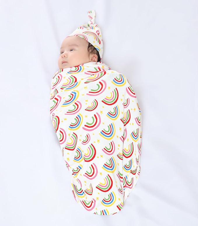Newborn Swaddle Blanket with Hat Set,Unisex Baby Receiving Blanket Nursery Wrap for Girls and Boys, Viscose Made from Bamboo Rainbow One Size