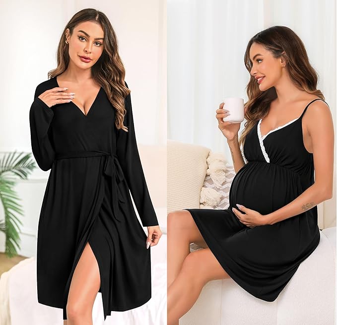 SWOMOG Womens Maternity Robe 2 Piece Nursing Nightgown for Breastfeeding 3 in 1 Labor Delivery Nursing Dress Lace Bathrobe