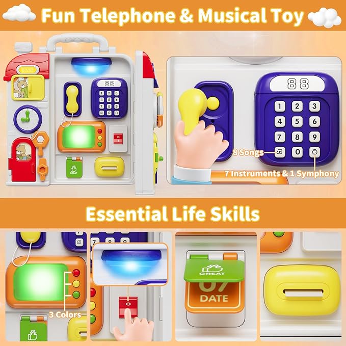 Busy Board for 1+ Year Old, Montessori Sensory Board for Toddlers, Bilingual Learning Toy Travel Musical Birthday Gift for Baby Boys Girls Ages 2 3 4