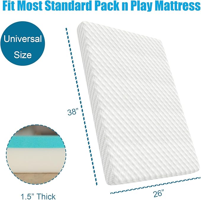 Mecc ecoh Pack and Play Mattresses, Cozy Breathable Cover Pack N Play Mattress, Reversible Cool Gel Memory Foam, Water Resistant Lining, Fit for Graco, Baby Trend, Pamo, Dream On Me Etc. 38"x26"