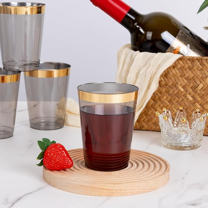 supernal 200 Pcs Gold and Black Plastic Cups,10Oz Gold Rimmed Disposable Cup,Heavy-Dut yPlastic Cocktail Cup for Party,Disposable party Wedding Cups,Perfect for Holiday,Birthday Party