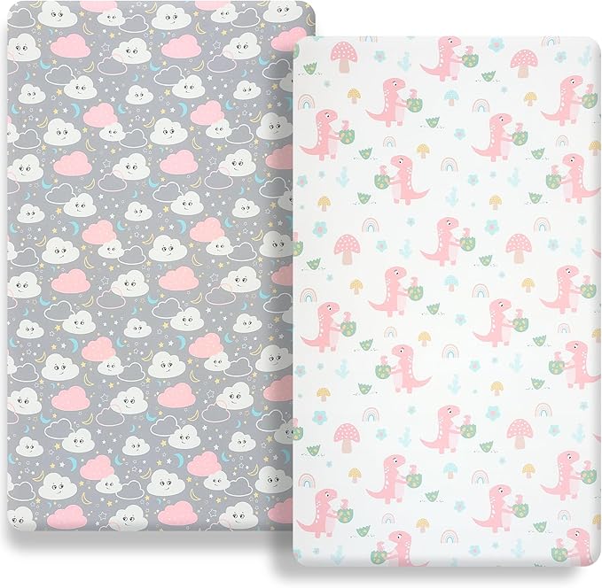 Pack n Play Flat Sheet 2 Piece Mini Crib Sheet Elastic Playard Sheet Set Portable Sheet Set Elastic Convertible Playmat Compatible Graco Pack n Play (Owl and Tree Bag) (Dinosaur Egg)