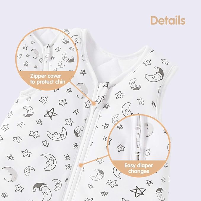 Mosebears Sleep Sack Baby Winter Wearable Blanket with 2-Way Zipper,2.5 TOG Cotton Sleep Sack Unisex (White Star, 12-18 Months)