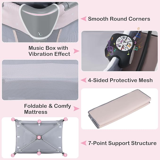 HONEY JOY Pack and Play with Bassinet, Infant Nursery Center Pack and Play w/Newborn Cradle & Hanging Toys, Diaper Storage, Music, Portable Baby Playard w/Changing Station (Starry Pink)