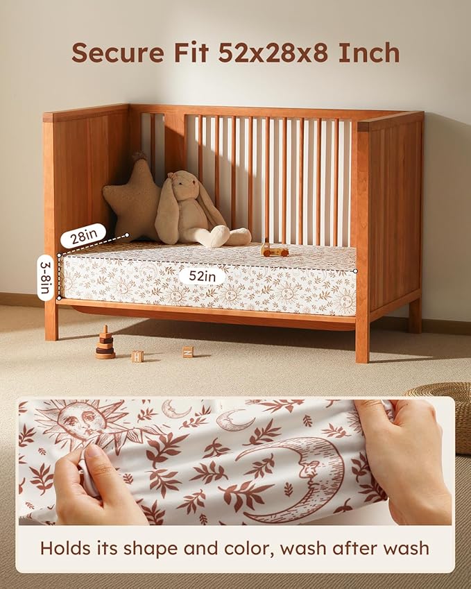 Baby Crib Sheets for Boys Girls, Fitted Crib Sheet Neutral 3 Pack for Standard Crib and Toddler Mattress, Breathable Soft Microfiber Baby Sheet 28x52x8in White Brown Sun God