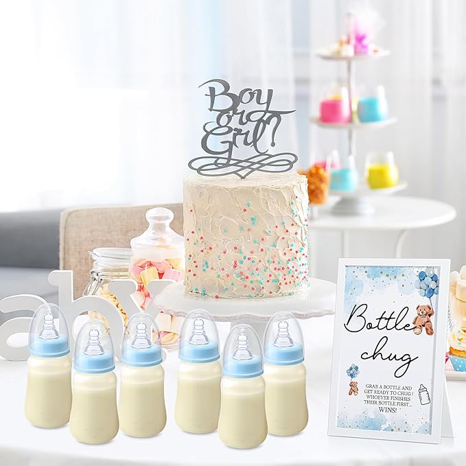 Roowest Bottle Chug Baby Shower Game Favors Including Blue Butterfly Theme Wooden Sign and 18 Pcs Baby Bottles for Gender Reveal Party Supplies