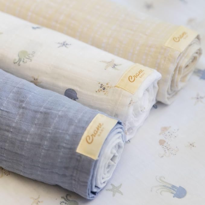 Crane Baby Blanket, 100% Cotton Muslin, Set of 3, 47 X 47, Nautical Ocean Muslin Blanket Sea Life Bohemian