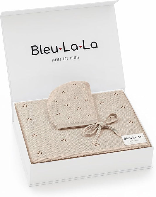 Organic Pointelle Baby Blanket + Hat Gift Set for Boys & Girls - 100% Soft Luxury Cotton Swaddle Blanket + Bonnett Registry for Newborns & Infants (Oatmeal + Hat)