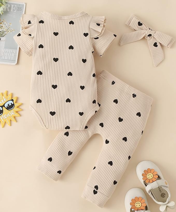 Fullfamous Baby Girl's 3pc Rib Frill Long Sleeve Romper and Pant Set