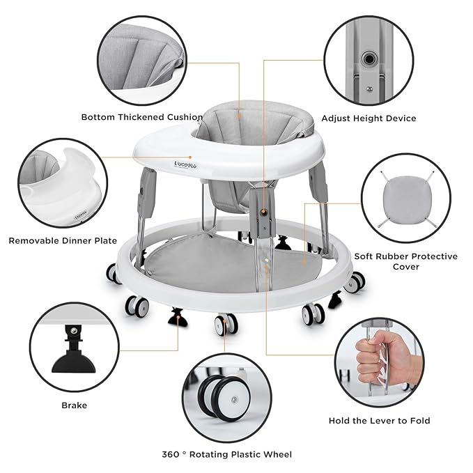 One-Touch Folding Baby Walker, Anti-Roll 8-Wheel Round Chassis, 7-Speed Height Adjustment, with Large Dinner Plate and Brake, 6-18 Months Baby Walker, Gray.