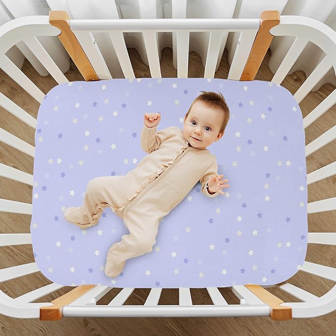 Baby Crib Sheets Cute Purple Star on Blue Sky Crib Sheets for Boys Girls,Neutral Bassinet Toddler Bed Play Sheets Breathable Soft and Portable 52 * 28 * 9in
