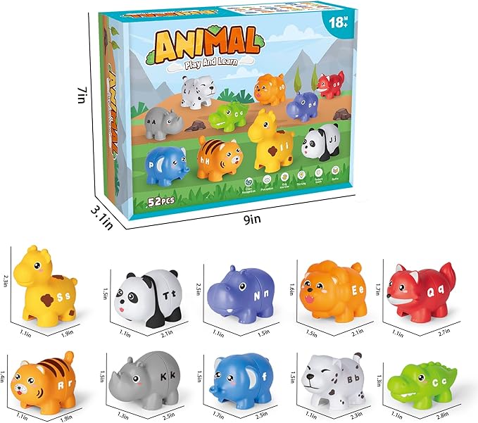 52PCS Animal Alphabet Learning Toys for Toddlers 2-4, 10 Different Animal Figures, Montessori Educational Toys Gifts for Boy Girl, Preschool Learning Activities, Double Sided ABC Matching Game 