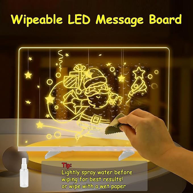 LED Note Board with Colors, 13.7"X10" 4 Modes & 7 Colors Acrylic Dry Erase Board with Light, Include Adapter, Hanging Chain, Led Drawing Board for Kids with Stand, 7 Markers, Spray Bottle 