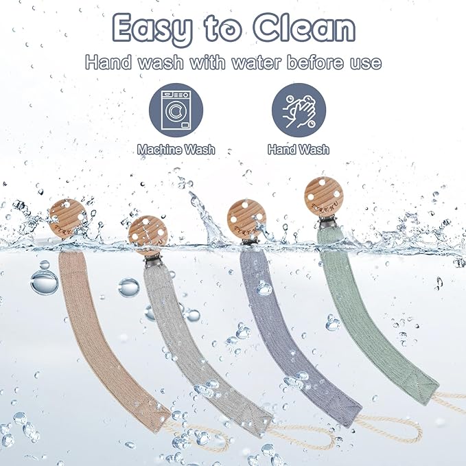TYRY.HU Ribbon Pacifier Clip Holder,4 Pack Binky Paci Holder Clips, Pacifier Leash for Boys and Girls, Soft Webbing Strap Universal Fits for Most Pacifier, Styles & Teethers(Khaki,Grey,Blue,Green)