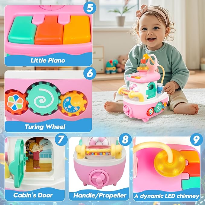 Toys for 1+ Year Old Girls - Baby Toys Crawling Boat with Music and Sound, 9-in-1 Baby Musical Toys 18+ Months Age, First Christmas 1st Birthday Gifts for 1+ Year Old