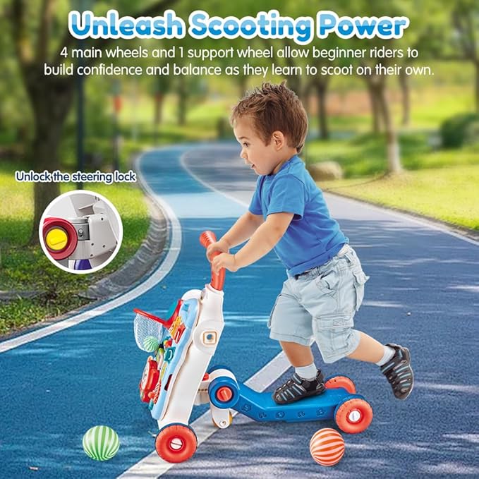 Baby Walker 5 in 1,VATOS Sit-to-Stand Learning Walker,Assemble as Scooter/Balance Bike/Push Walker/Activity Table/Detachable Panel,Push Walkers Toys with Music for Toddlers Infant Boys Girls
