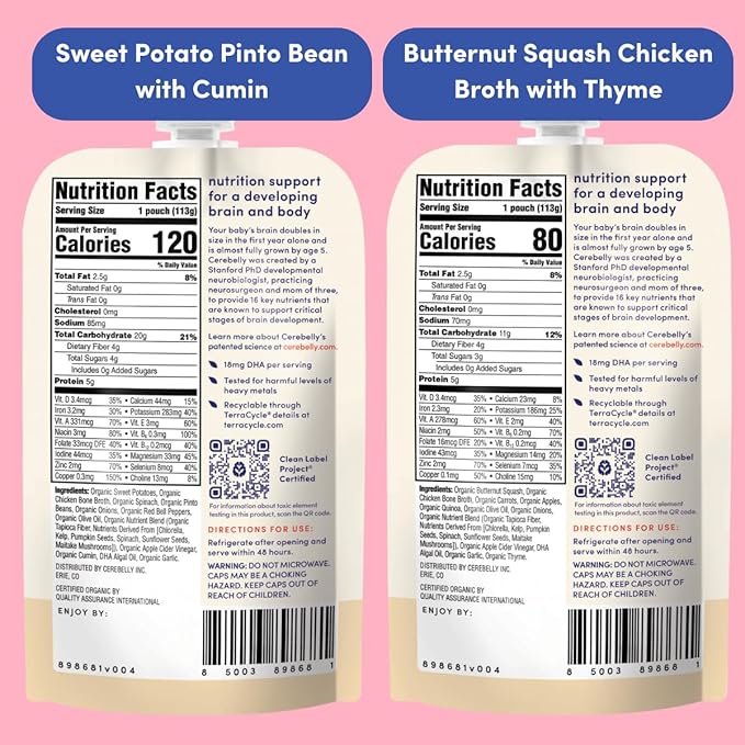 Cerebelly Organic Baby Food Pouches – Organic Veggie and Bone Broth Baby Food | 16 Nutrients, No Added Sugar, Non-GMO | Blended Toddler Food | 4 Ounce BPA-Free Baby Foodes | 6 Flavors | 8 Pack