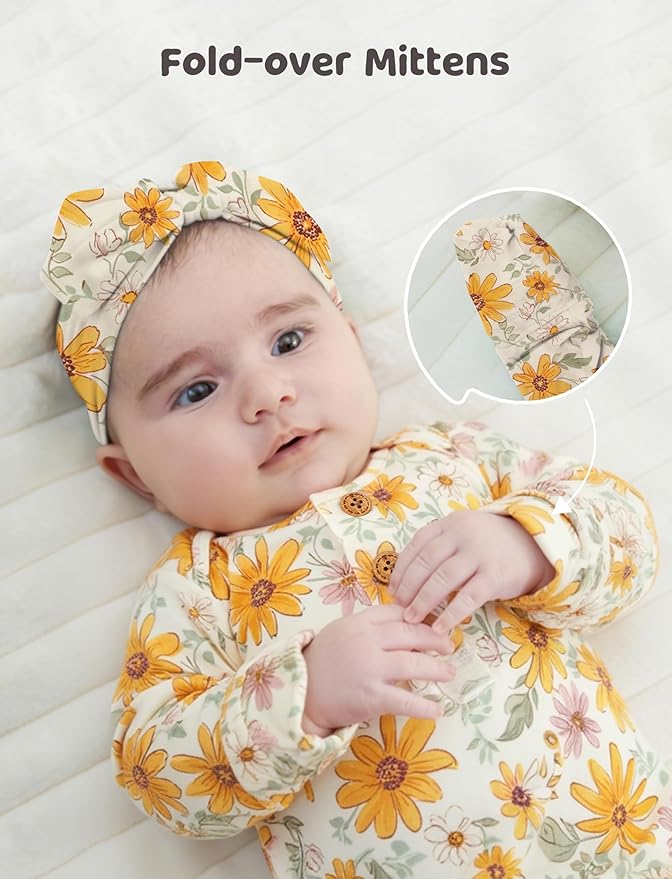 PATPAT Baby Sleeper Gown with Bamboo Viscose for Newborn Girls Boys, Knotted Nightgown with Mittens for Infant Home Coming