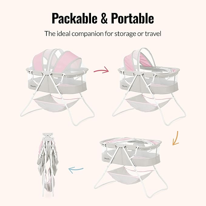 Dream On Me Karley Baby Bassinet in Grey and Pink, Lightweight Portable, Quick Fold and Easy to Carry , Adjustable Double Canopy, Indoor and Outdoor with Large Storage Basket.