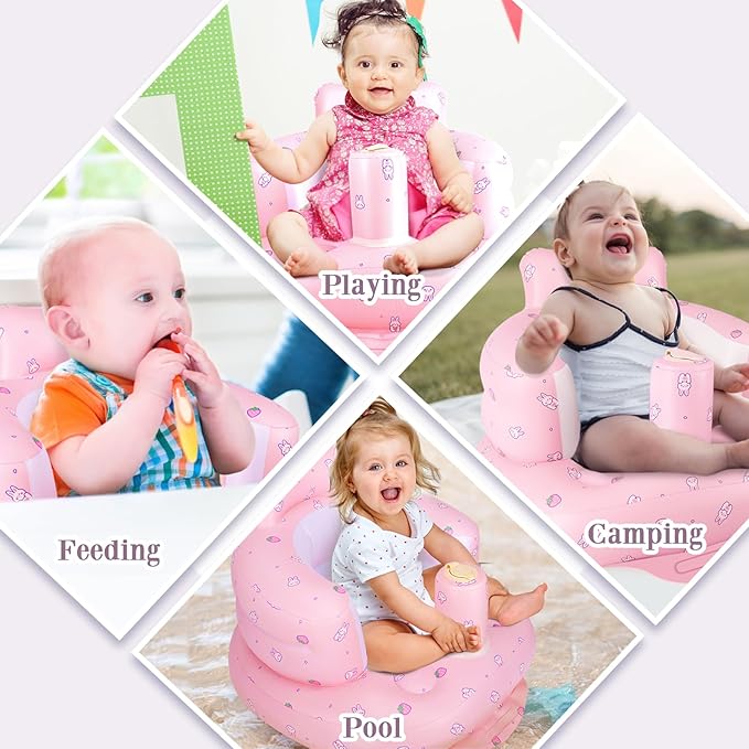 Inflatable Baby Chair, Inflatable Baby Seat for Babies 3 Months and Up, Summer Blow Up Chair with Built in Air Pump, Infant Floor Seats for Learning to Sit, Palying, Camping, Strawberry