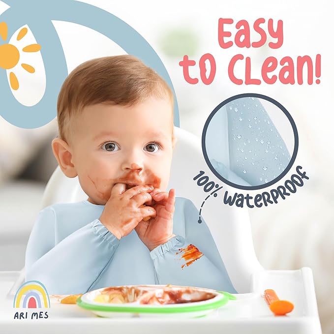 ARI MES Long Sleeves Waterproof Baby Bibs for Eating - Rainbows, Large- Wearable, Coverall for Toddler, Long Sleeve Bib, Smock Apron for Feeding - Applicable for 6-72 Months