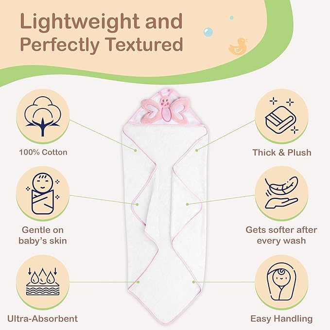 Mother's Choice Baby Hooded Towel - Large Size Cotton, Ultra-Soft & Absorbent Bath Towel for Newborns, Infants, Toddlers, Boys & Girls with Animal Hood (Butterfly)