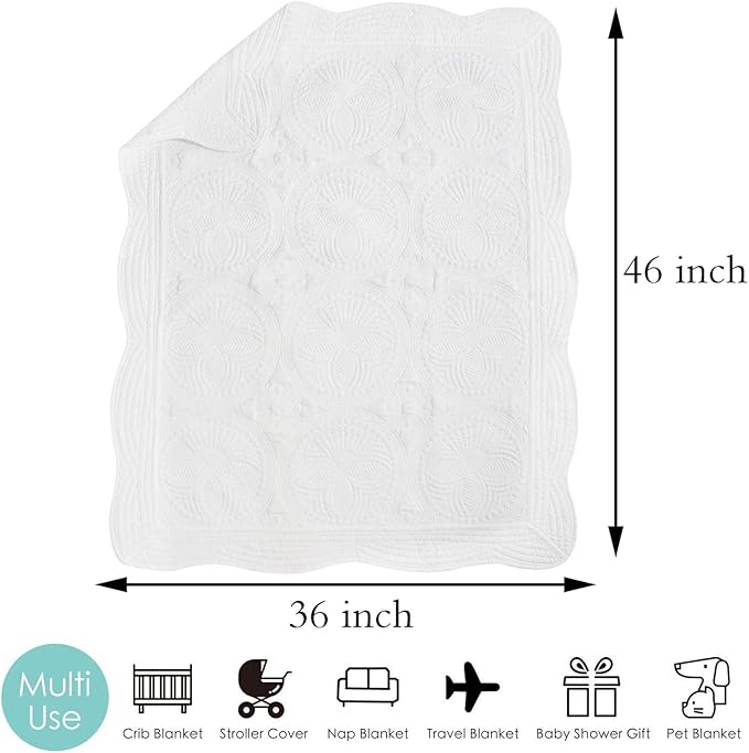 MONOBLANKS Baby Quilt Personlized Monogram Lightweight Embossed Scalloped Throw Blanket Four Seasons (White)