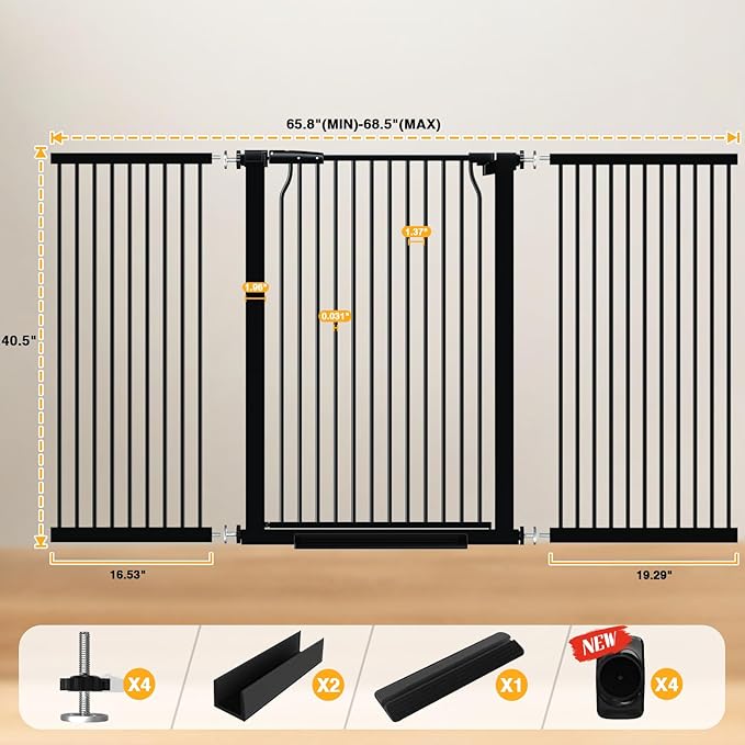 40.5" Tall Baby Gate 65.7-68.5" Wide No Drilling Tall Pet Gate Cat Gate Extra Wide Baby Gate Safety,Extra Narrow Auto-Close for Indoor Stairs, Doorways, and Kitchen