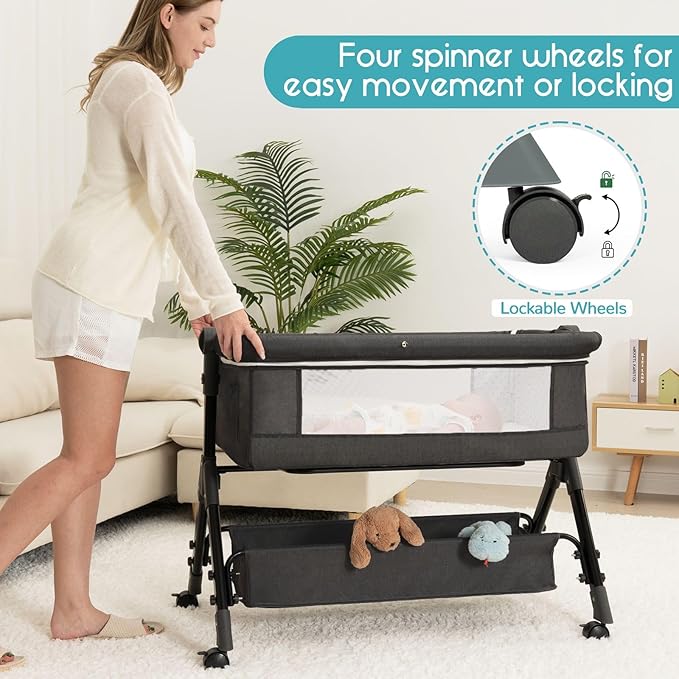 Baby Bassinet, Bedside Bassinet for Baby, 3 in 1 Bassinet Bedside Sleeper with Wheels, Mosquito Net, Adjustable Easy Folding Portable Bed for Infant Newborn (Dark Grey)