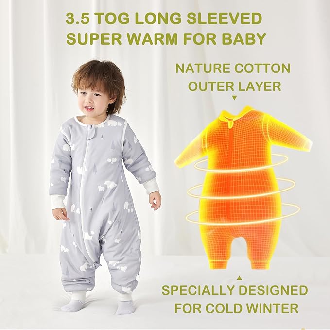 3.5 TOG Super Soft Thick Detachable Long Sleeves Sleep Sack with Feet, 100% Cotton Winter Warm Toddler Sleep Sack, Bear, Size M