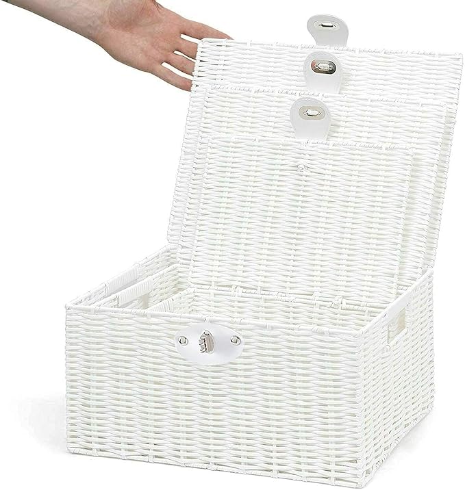 Set of 3 Woven Wicker Storage Basket Box with Lid & Lock, Built-in Carry Handles, Multifunctional Storage Organiser for Nursery, Baby, Clothes, Toys, Books, Large/Medium/Small Size (White)