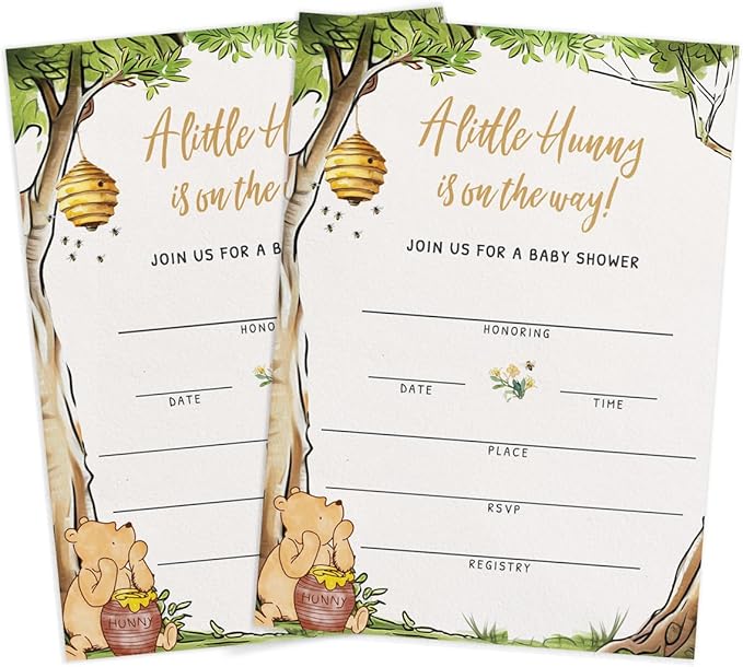 Printed Party Winnie Baby Shower Invitations with Envelopes – Classic Pooh Theme, Gender Neutral Storybook Design for Baby Boy or Girl, Set of 30