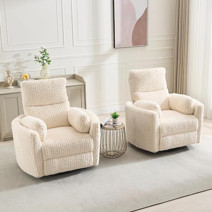 Power Swivel Glider Rocking Recliner Nursery Chair with 2 Pillows, Electric Rocker Reclining Chairs with Type-C & USB Charger Port for Living Room, High Back Barrel Armchair for Bedroom, Beige