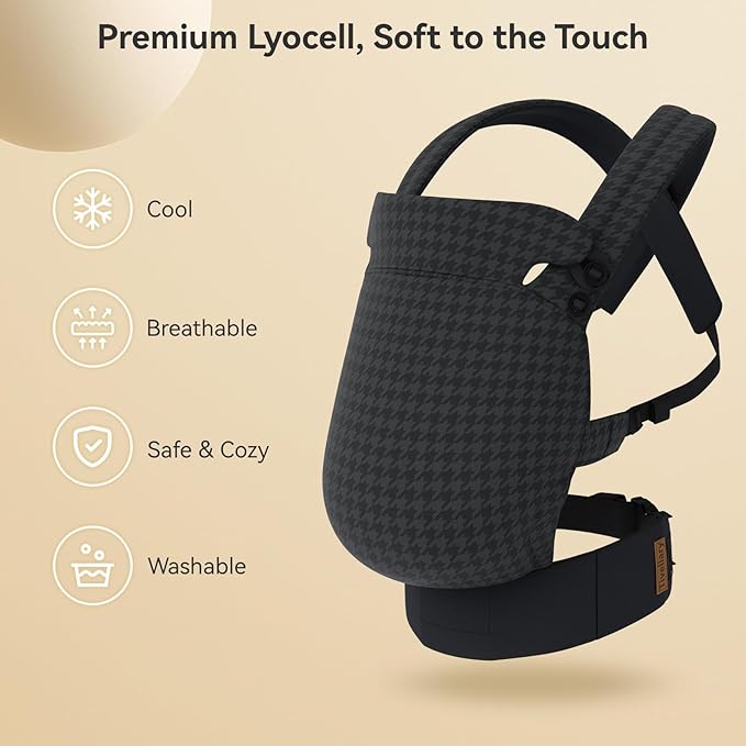 Reversible Lyocell Baby Carrier – Lightweight, Cooling, Breathable Ergonomic Support for Newborn to Toddler (7–44 lbs), Easy Hands‑Free On with Enhanced Lumbar Support – Houndstooth & Black