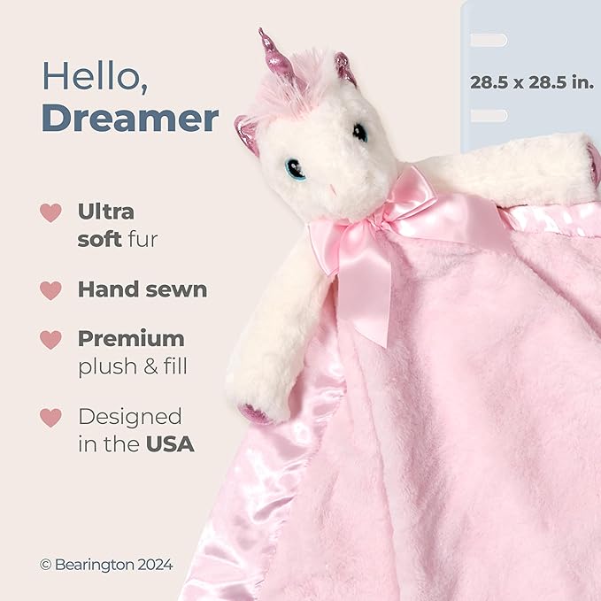Bearington Baby Cuddle Me Dreamer, Pink Unicorn Large Size Security Blanket, 28.5" x 28.5 - Baby Blanket Lovey
