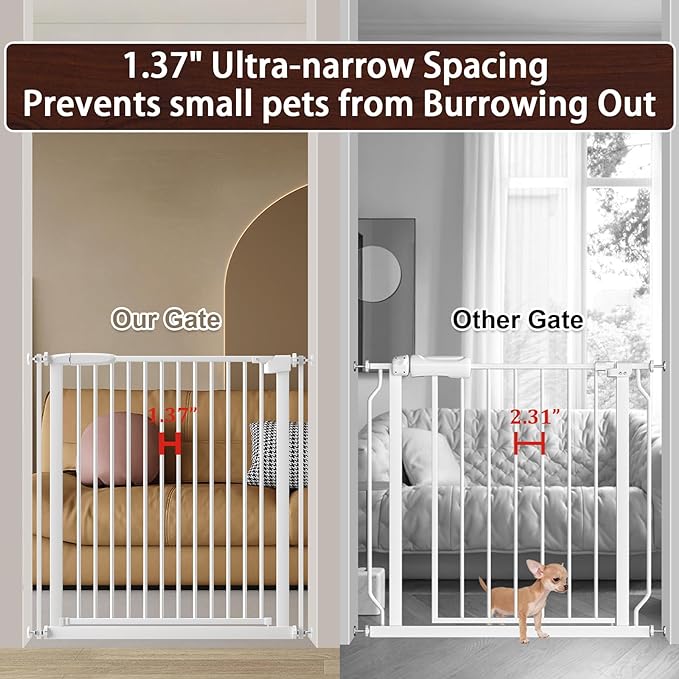 DEARBB Extra Wide Baby Gate Ultra Narrow Spacing 30.11-77.36" Pressure Mounted Double Lock Swing Auto Close Walk Through Metal Safety Pet Gate for Stairs and House Doorway Kitchen