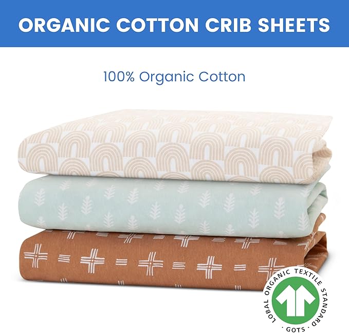 Delta Children Fitted Crib Sheets for Girls and Boys - 100% Organic Cotton Crib Sheet for Standard Crib and Toddler Mattresses - 28x52 Inch - GOTS Certified (Pack of 3), Neutral Boho