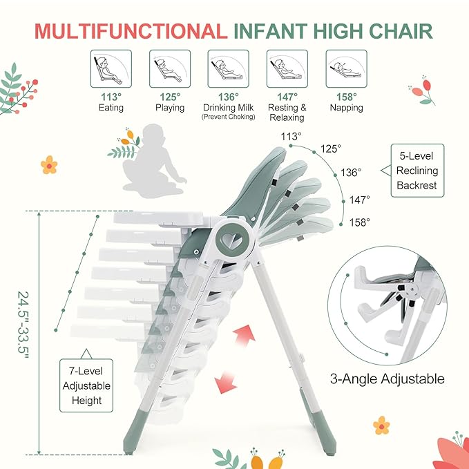 Baby High Chair for Toddlers 1-3 Years Old, Foldable Baby High Chair with Removable Tray, Lightweight Folding Chair with 5-Point Safety Harness, Multiple Recline Positions & Compact Design
