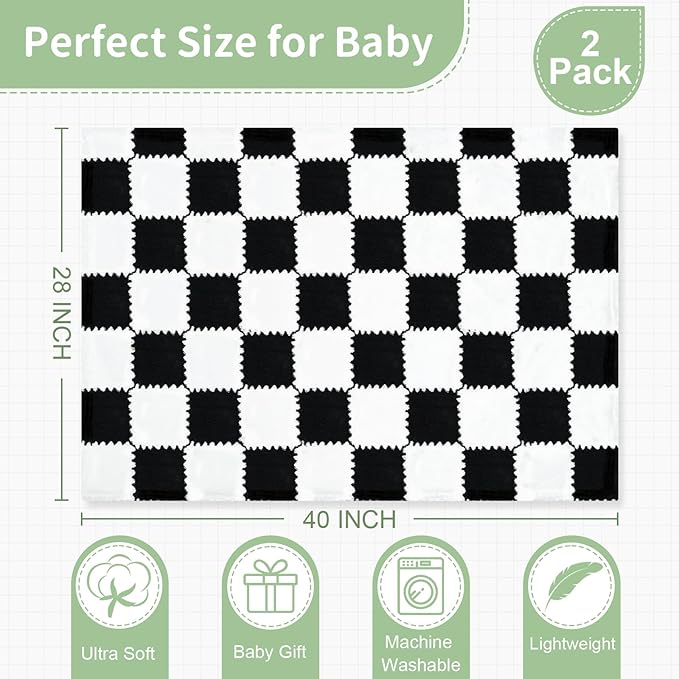 Checkered Baby Blanket for Boys, 2 Pack Soft Baby Boy Blankets, Small 28 x 40 inches Toddler Fleece Blanket, Essentials Crib Stroller Items, Newborn Gift (Black)