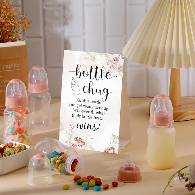 TrelaCo Bottle Chug Baby Shower Game 20 Pcs Baby Bottles Shower Favor with 1 Boho Theme Sign for Gender Reveal Party Supplies Gifts(Brown)