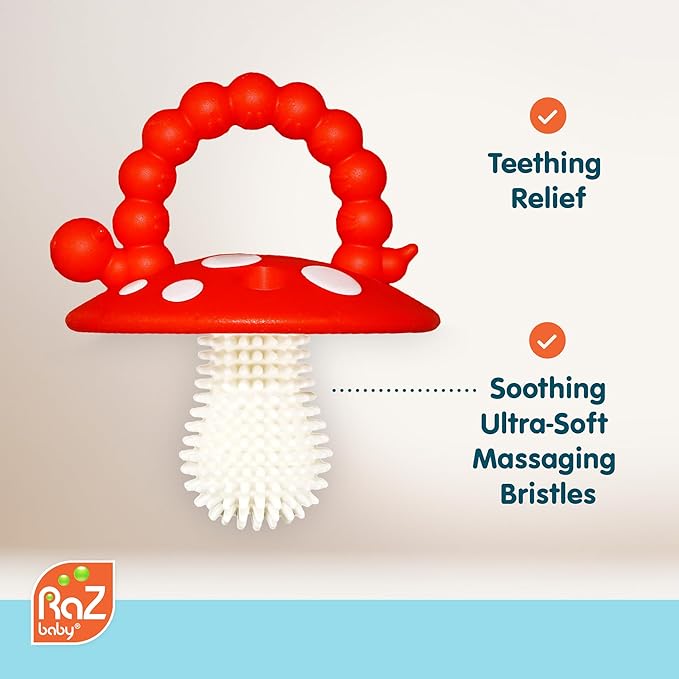 RaZbaby Soft Silicone Infant & Baby 3M+ Teether Toy Massaging Bristles Teething Relief Pacifier - Soothes Sore Gums - Hands-Free & Easy-to-Hold Chompy Teether, BPA Free (RED/Pink)