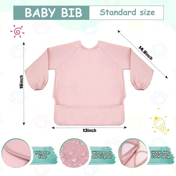 Jeyiour 6 Pack Long Sleeve Baby Bibs Mess Proof Bib Washable Feeding Bib Waterproof Smock Bib for Infant Toddler 6-24 Months