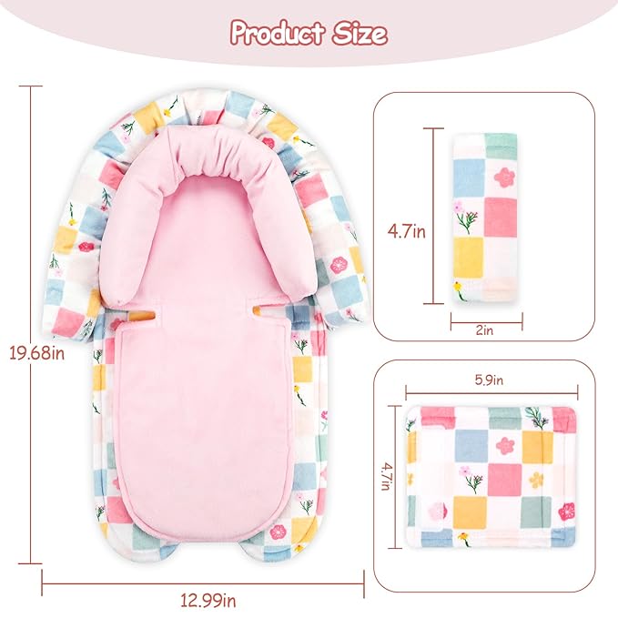 SWESEN Baby Car Seat Head Support, Super Soft 2 in 1 Infant Car Seat Insert for Girls, Reversible Newborn Car Seat Insert Cushion with Strap Covers for Strollers, Bouncers, Swing, Plaid and Floral