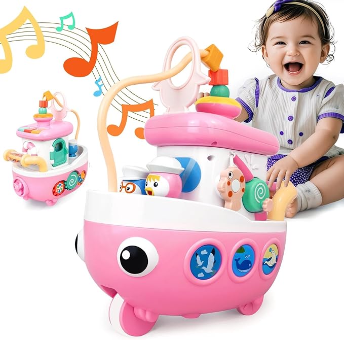 Toys for 1+ Year Old Girls - Baby Toys Crawling Boat with Music and Sound, 9-in-1 Baby Musical Toys 18+ Months Age, First Christmas 1st Birthday Gifts for 1+ Year Old
